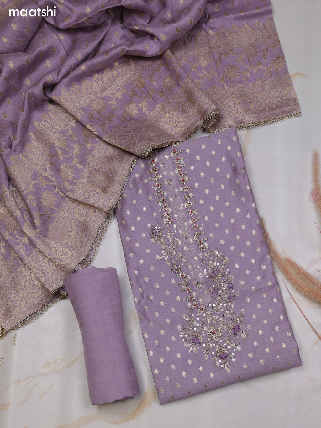 Lavender Chanderi Dress Material With Zari Buttas & Zardosi Work Neck Pattern and Bottom & Dupatta