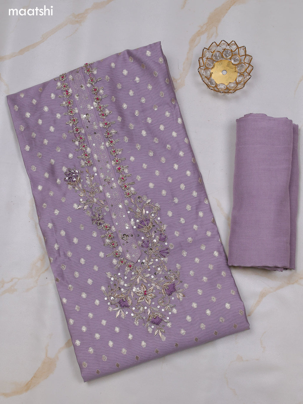 Lavender Chanderi Dress Material With Zari Buttas & Zardosi Work Neck Pattern and Bottom & Dupatta