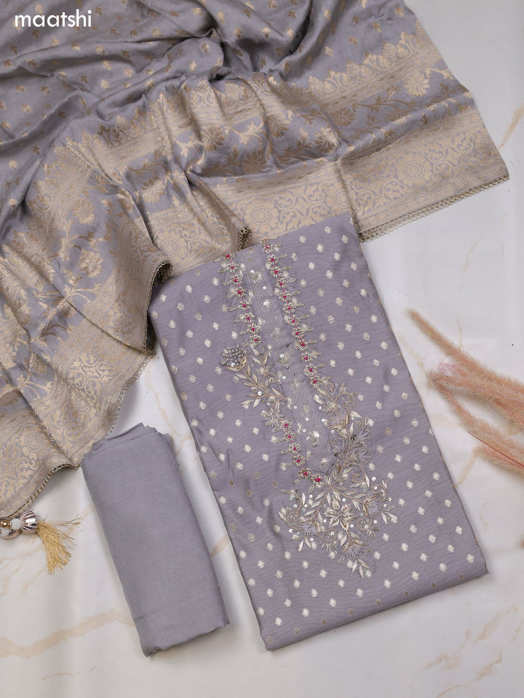 Grey Chanderi Dress Material With Zari Buttas & Zardosi Work Neck Pattern and Bottom & Dupatta