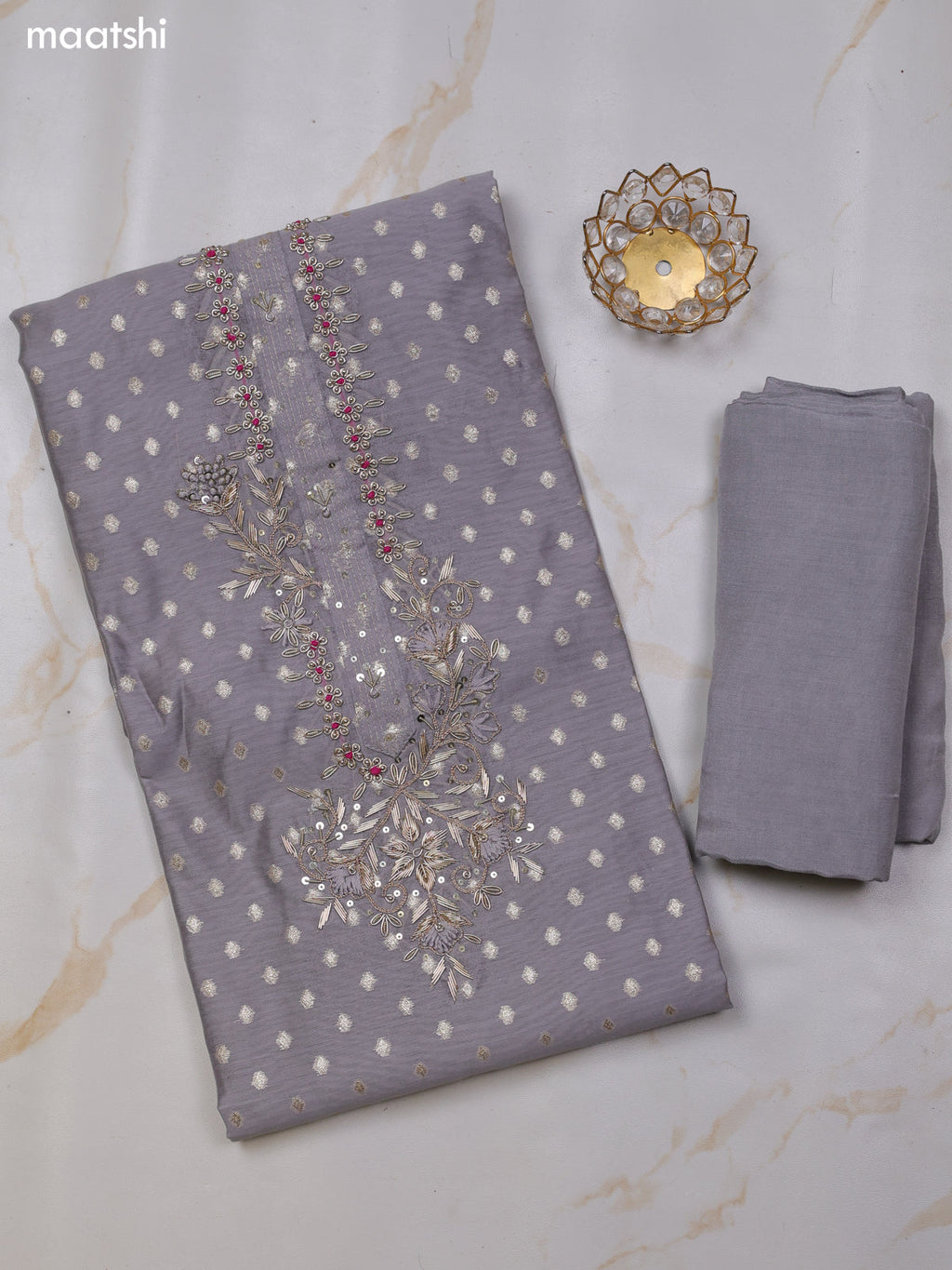 Grey Chanderi Dress Material With Zari Buttas & Zardosi Work Neck Pattern and Bottom & Dupatta
