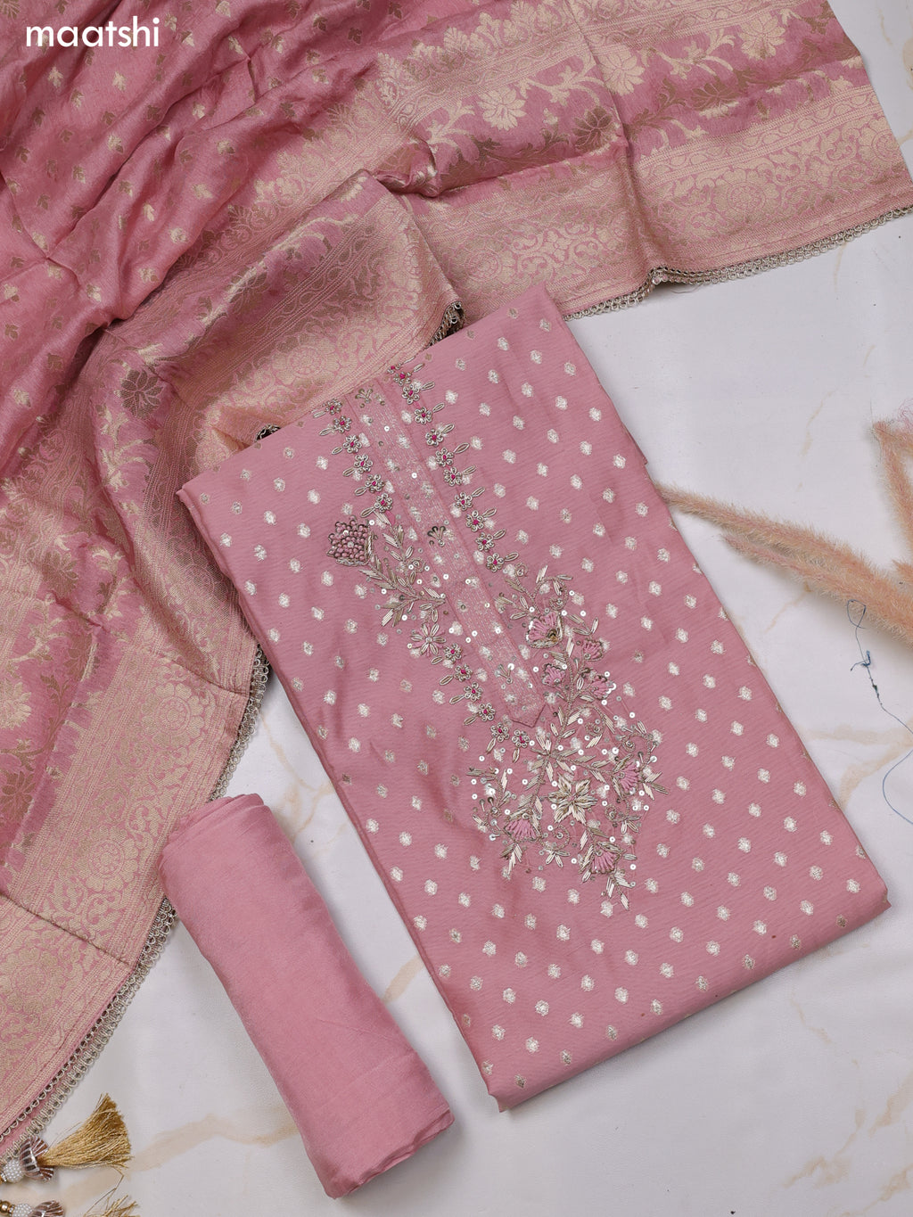 Peach Chanderi Dress Material With Zari Buttas & Zardosi Work Neck Pattern and Bottom & Dupatta
