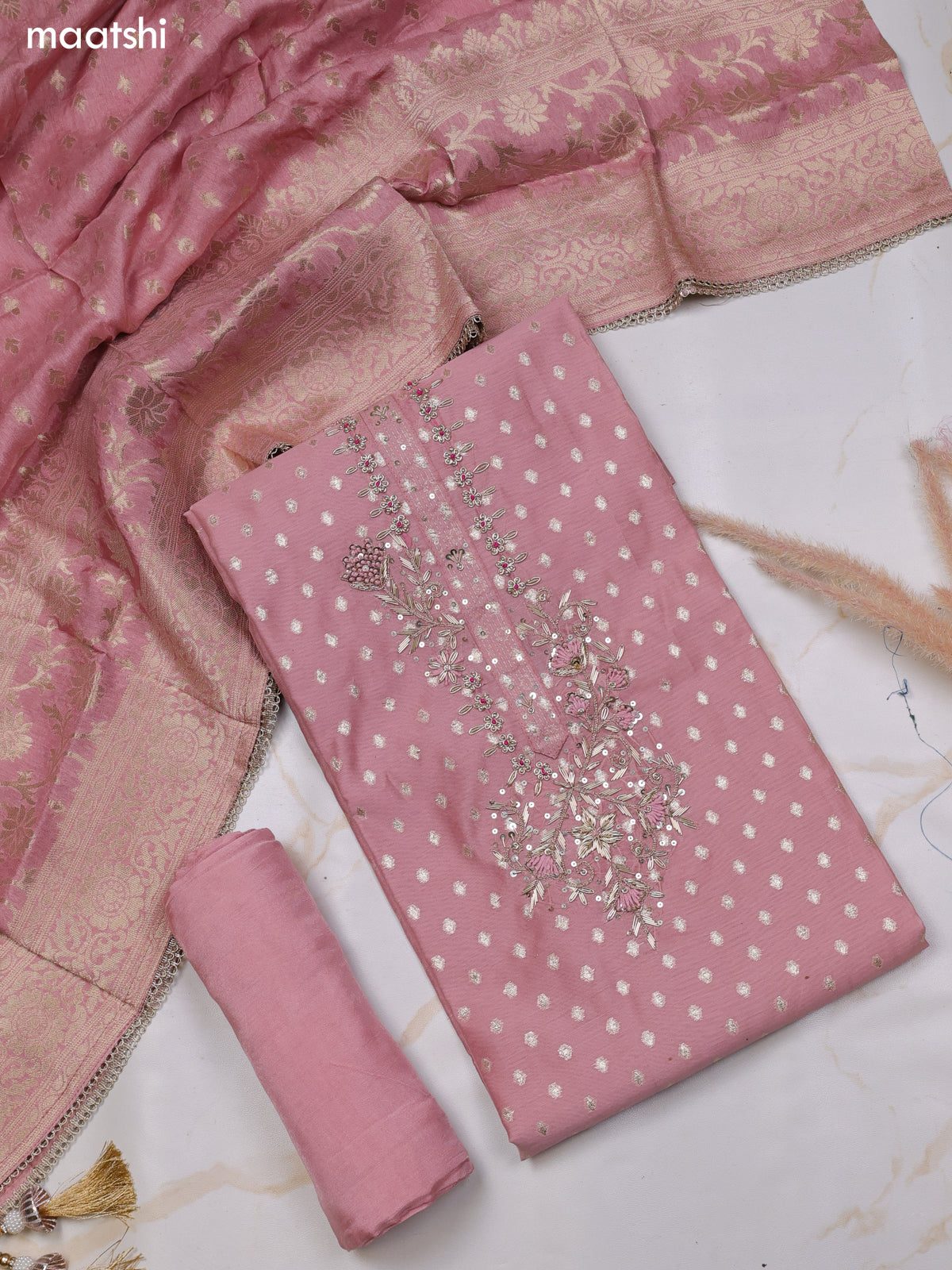 Peach Chanderi Dress Material With Zari Buttas & Zardosi Work Neck Pattern and Bottom & Dupatta