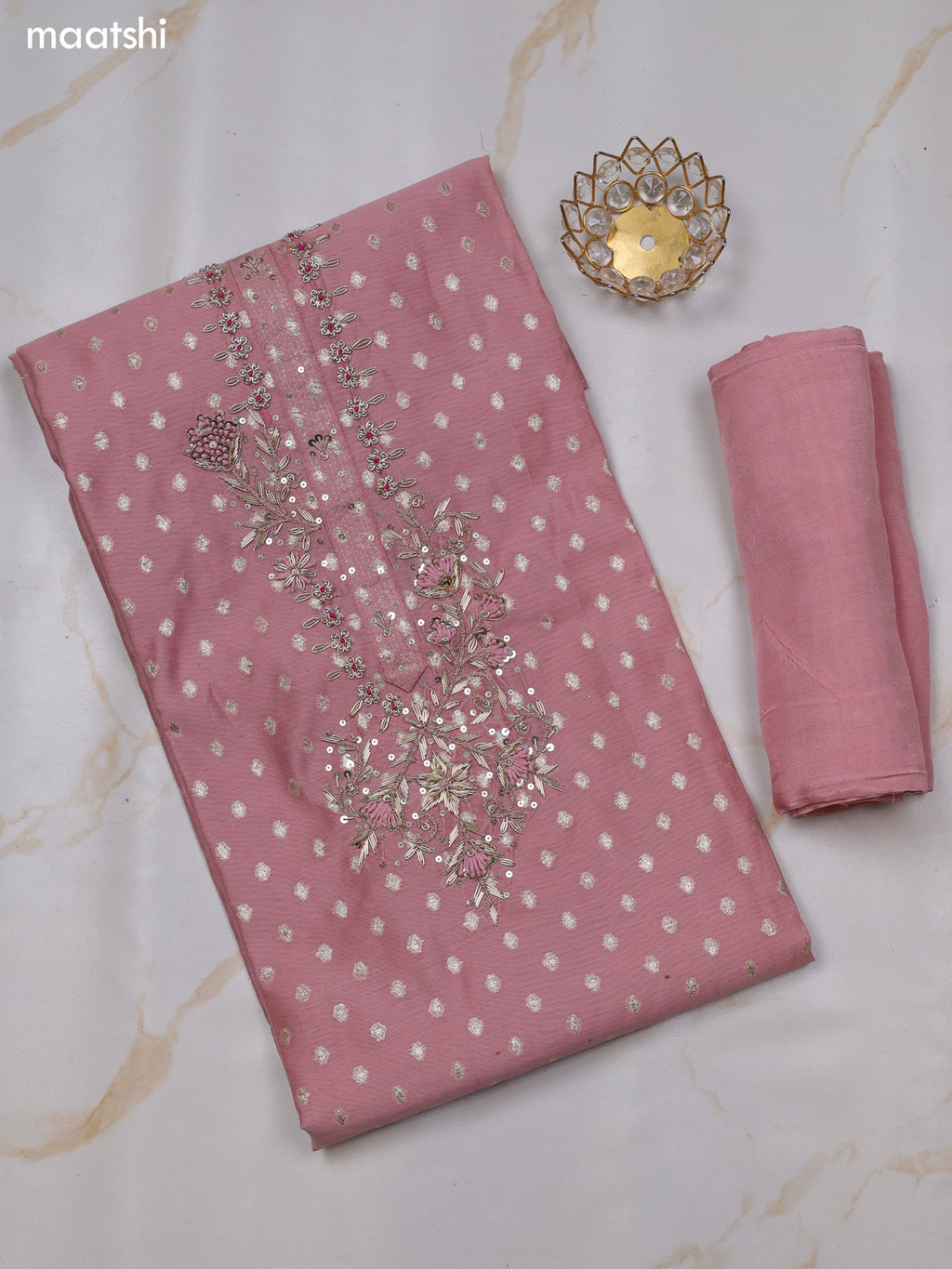 Peach Chanderi Dress Material With Zari Buttas & Zardosi Work Neck Pattern and Bottom & Dupatta