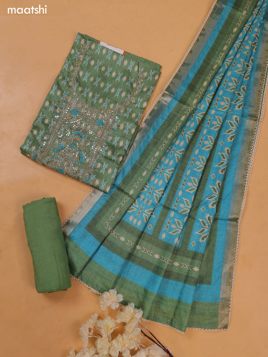 Green and Light Blue Art Tussar Dress Material With Ikat Weaves & Zardosi Work Neck Pattern and Bottom & Dupatta
