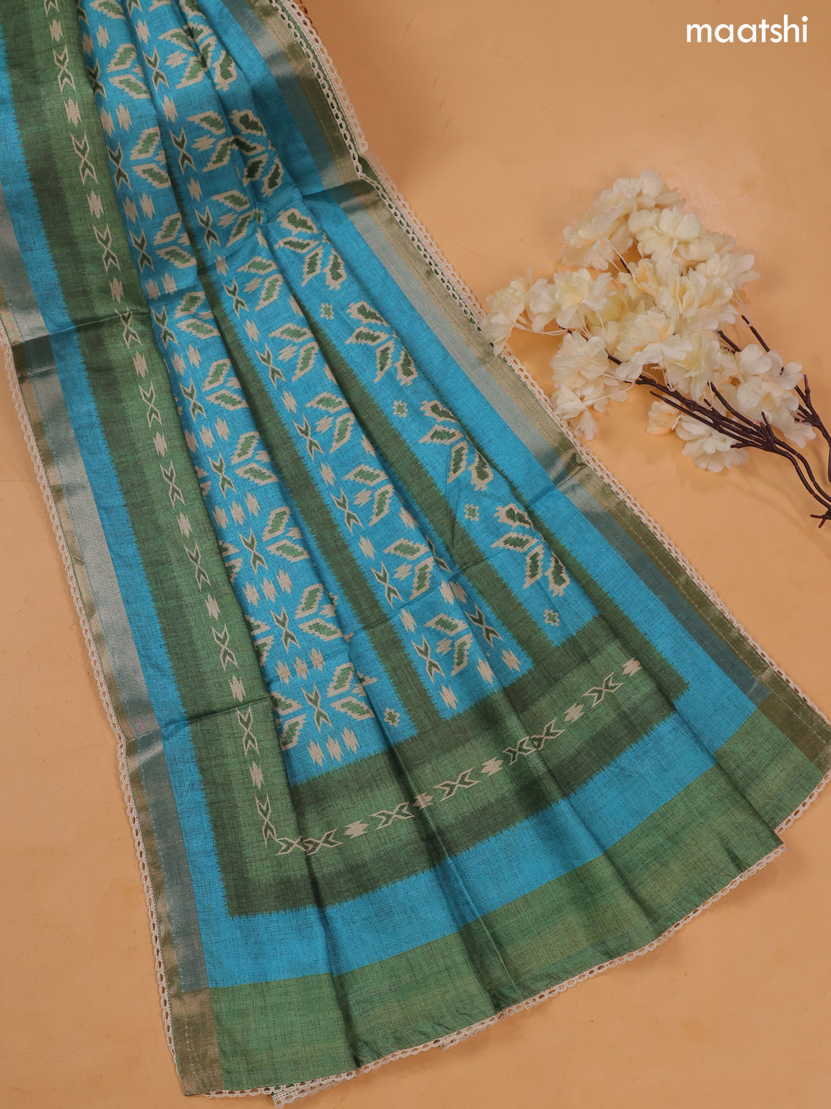 Green and Light Blue Art Tussar Dress Material With Ikat Weaves & Zardosi Work Neck Pattern and Bottom & Dupatta