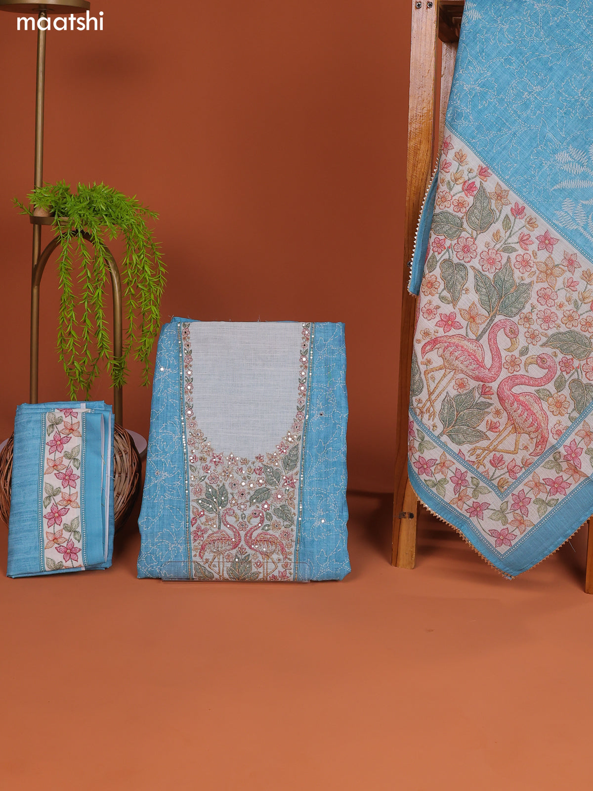 Blue Linen Cotton Dress Material With Floral Prints & Embroidery Work