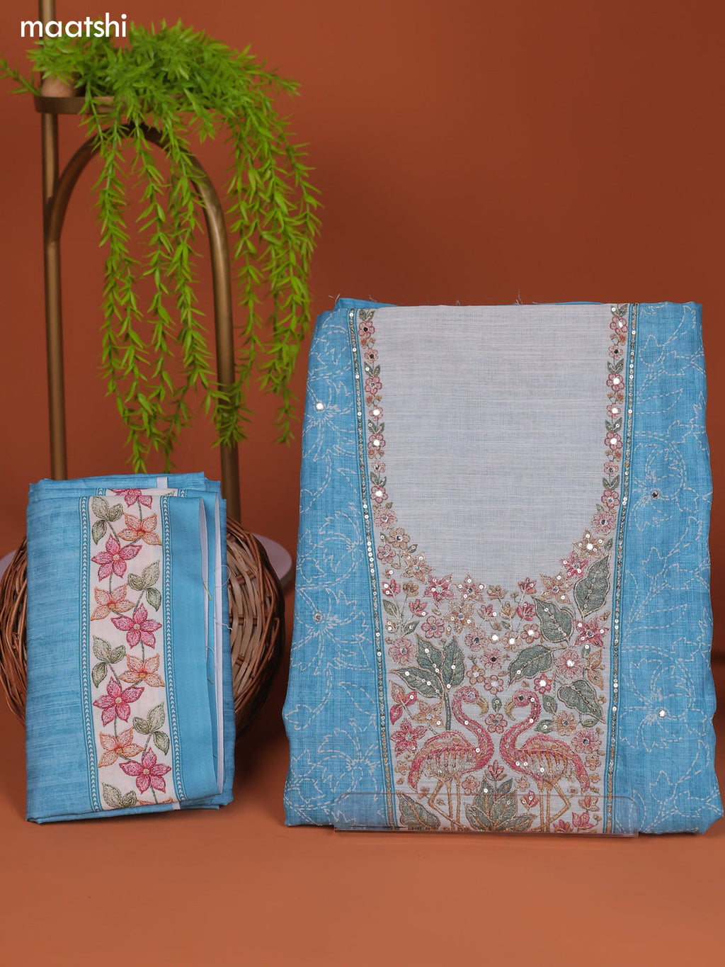 Blue Linen Cotton Dress Material With Floral Prints & Embroidery Work