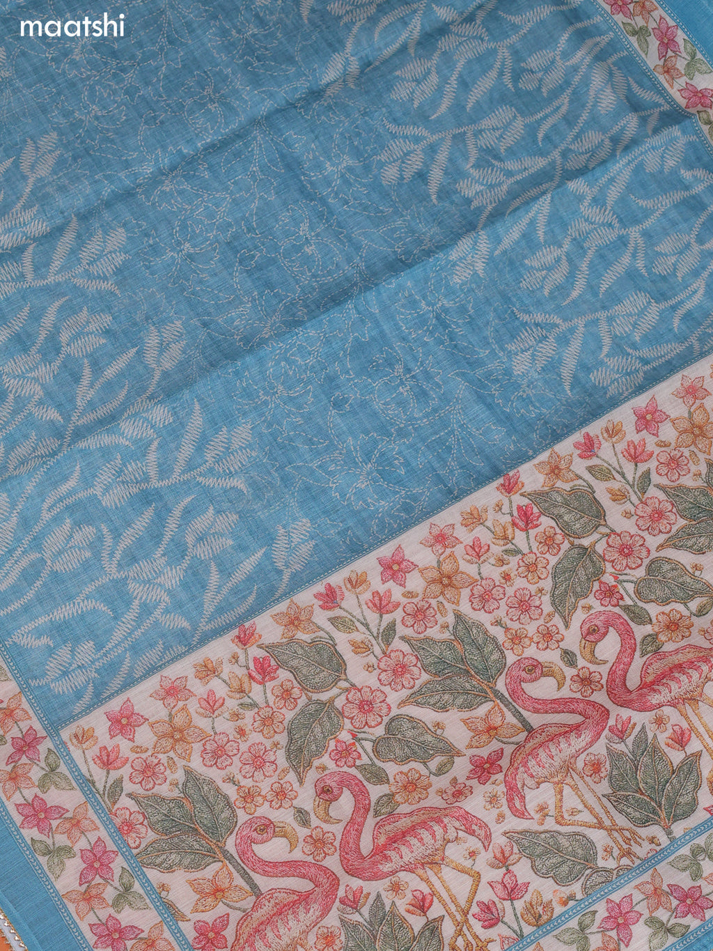 Blue Linen Cotton Dress Material With Floral Prints & Embroidery Work