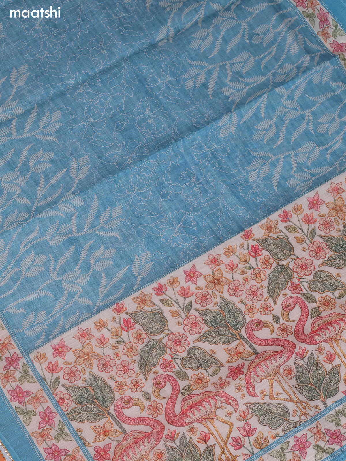 Blue Linen Cotton Dress Material With Floral Prints & Embroidery Work