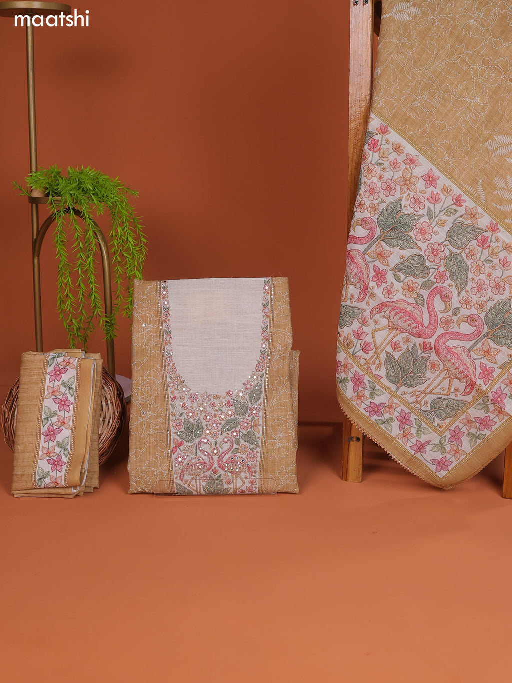 Sandal Linen Cotton Dress Material With Floral Prints & Embroidery Work
