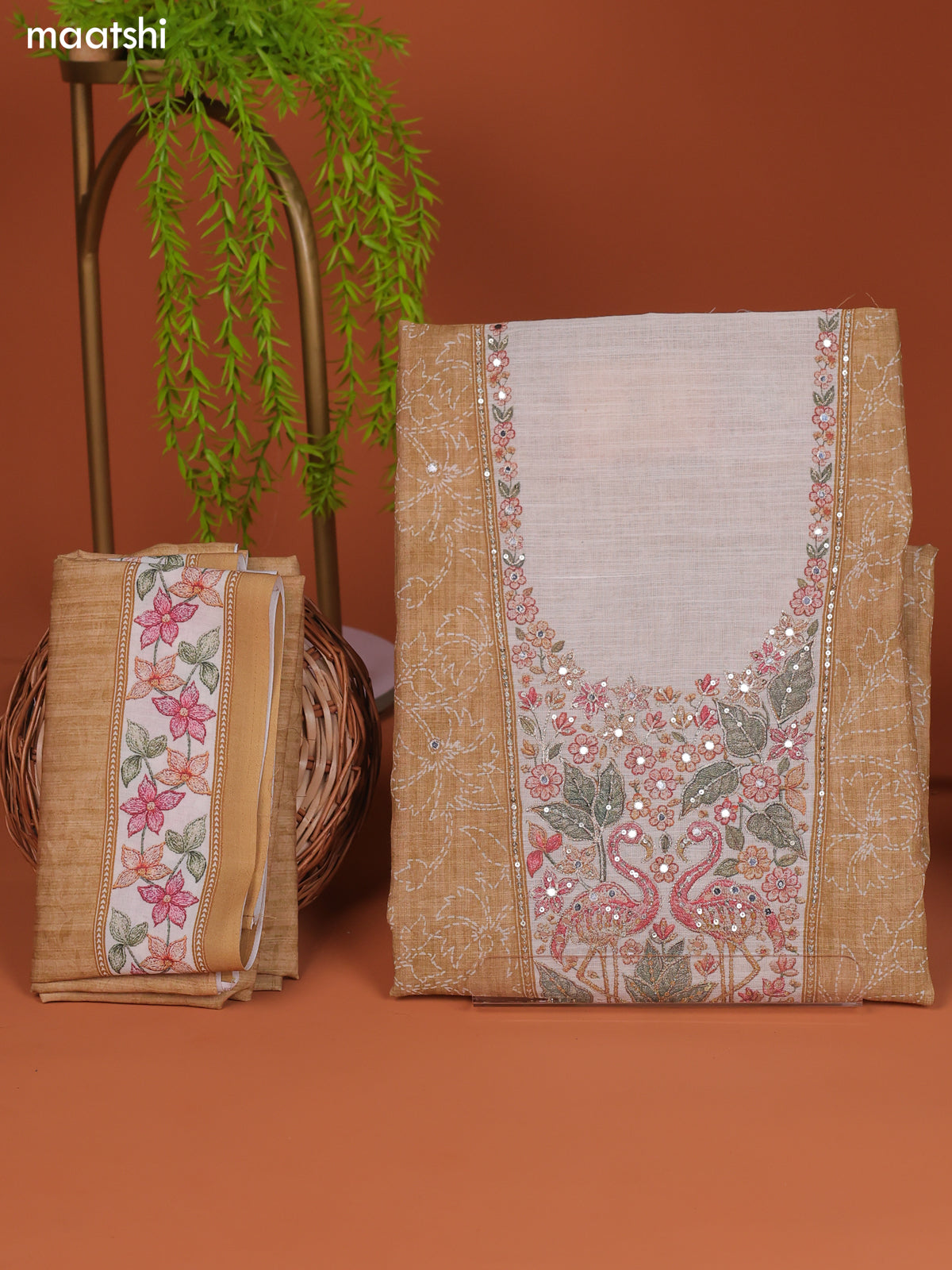 Sandal Linen Cotton Dress Material With Floral Prints & Embroidery Work