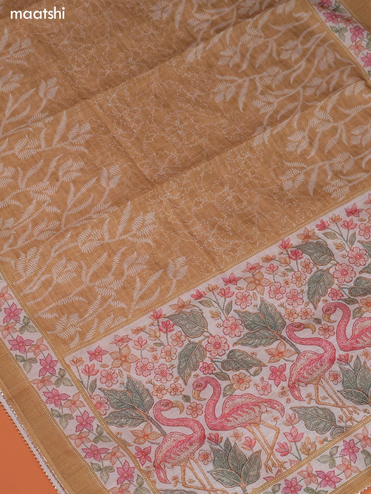 Sandal Linen Cotton Dress Material With Floral Prints & Embroidery Work