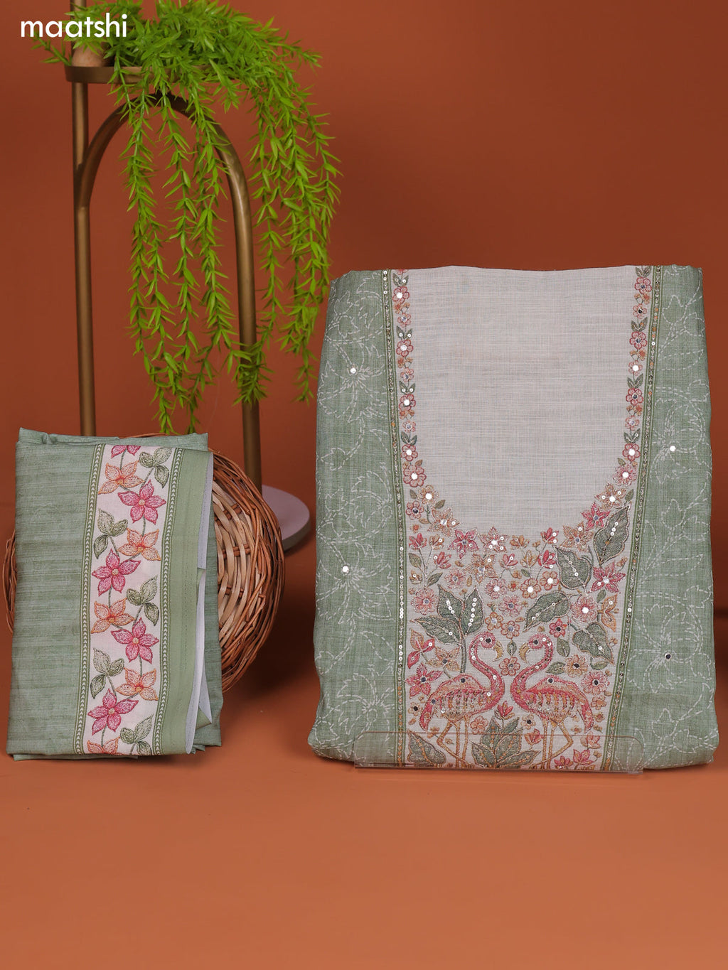 Pastel Green Linen Cotton Dress Material With Floral Prints & Embroidery Work
