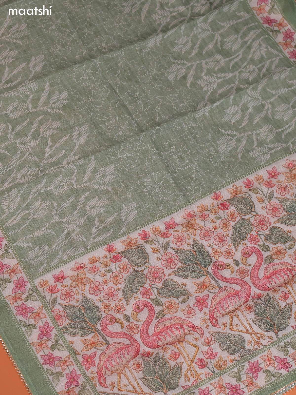 Pastel Green Linen Cotton Dress Material With Floral Prints & Embroidery Work
