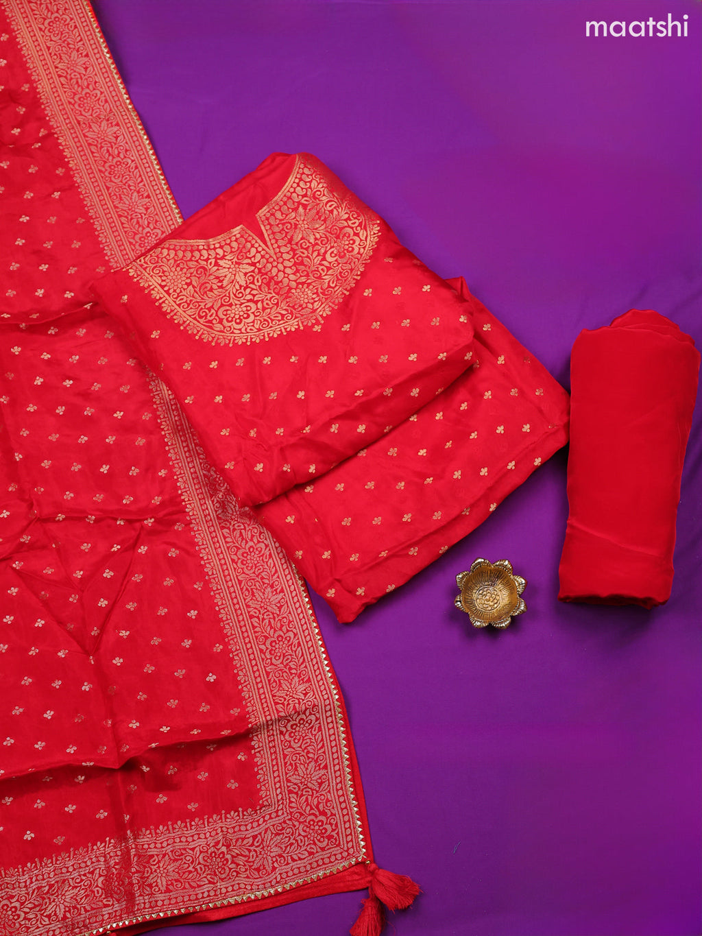 Red Banarasi Silk Dress Material With Zari Butta & Embroidery Work Neck Pattern and Bottom & Dupatta