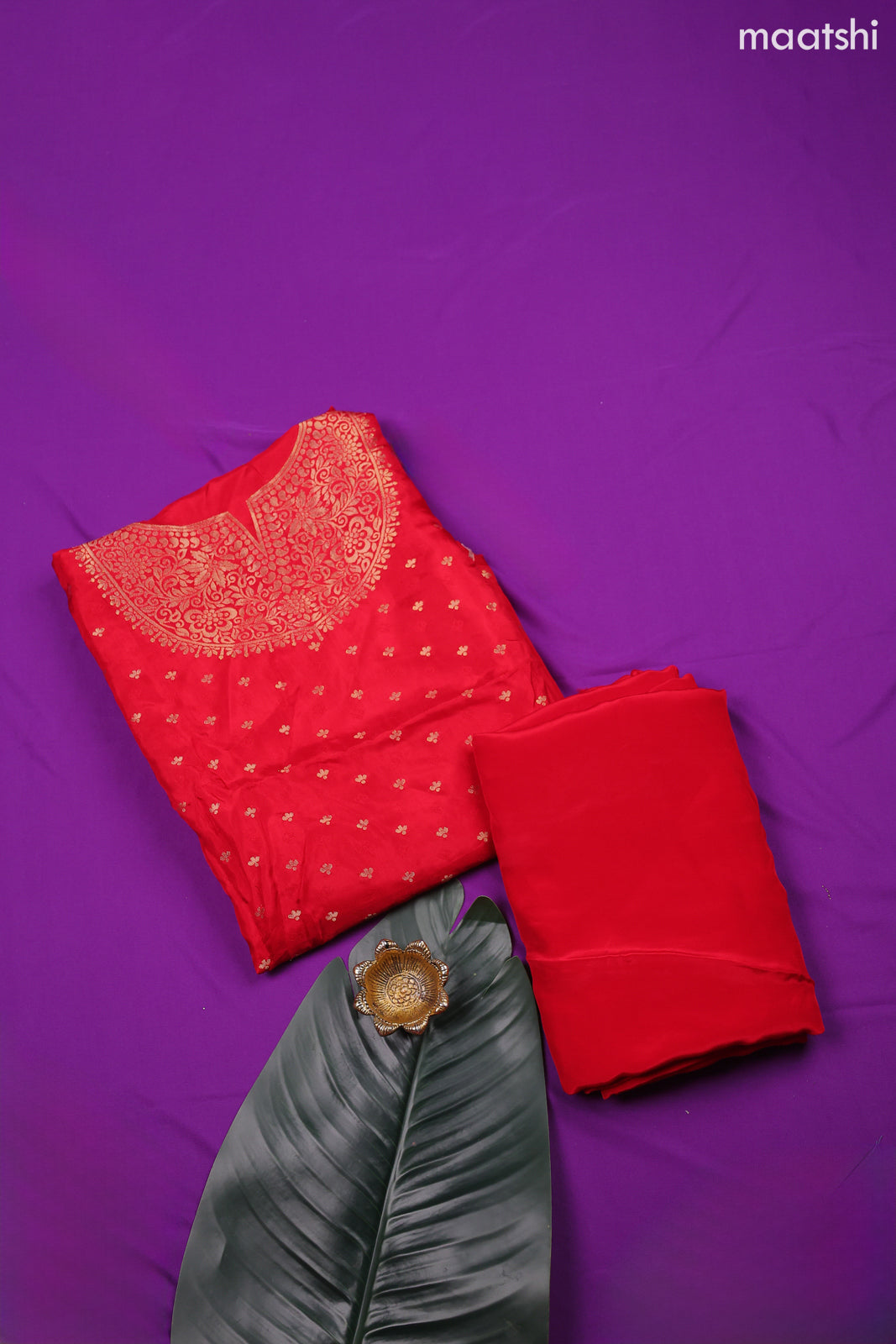Red Banarasi Silk Dress Material With Zari Butta & Embroidery Work Neck Pattern and Bottom & Dupatta