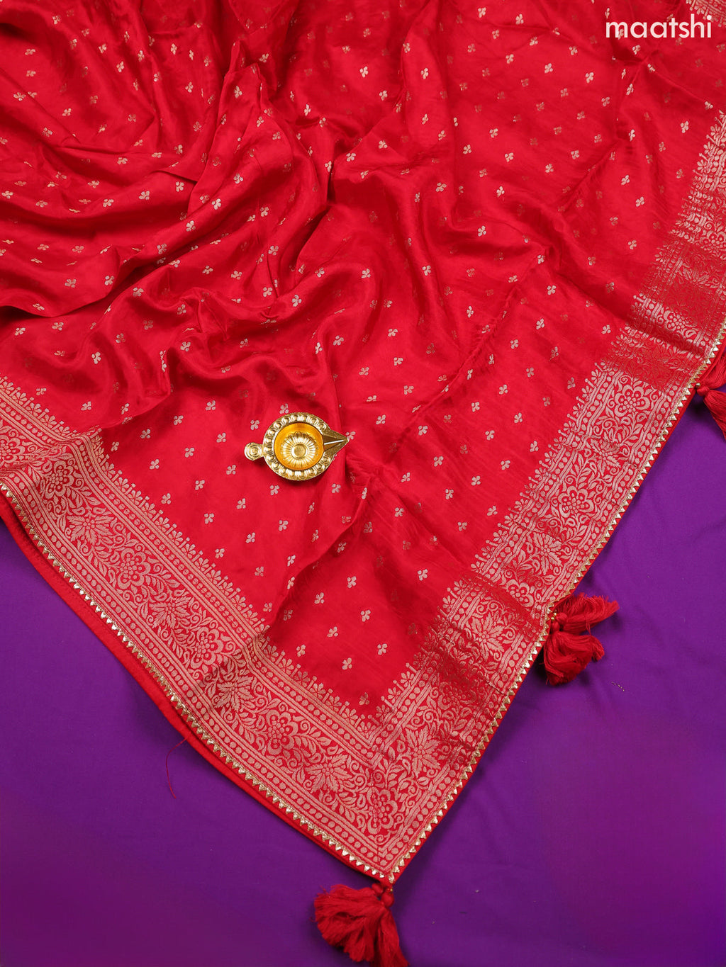 Red Banarasi Silk Dress Material With Zari Butta & Embroidery Work Neck Pattern and Bottom & Dupatta