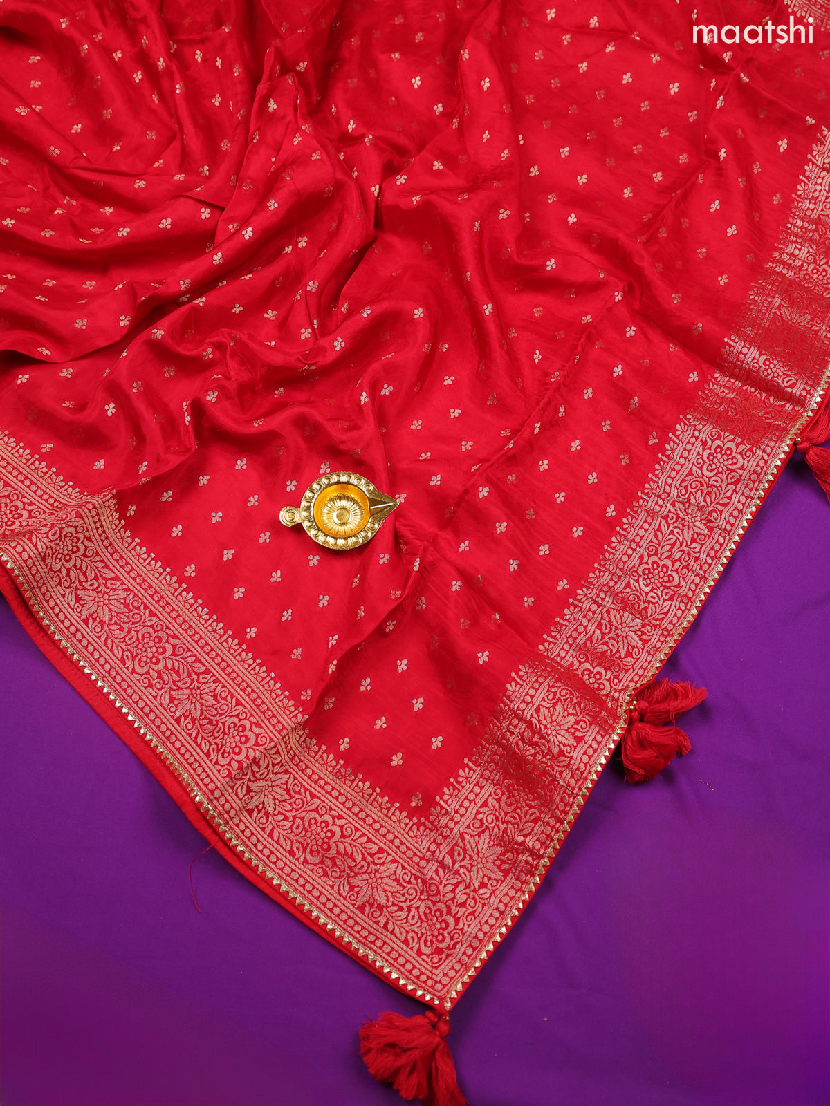 Red Banarasi Silk Dress Material With Zari Butta & Embroidery Work Neck Pattern and Bottom & Dupatta