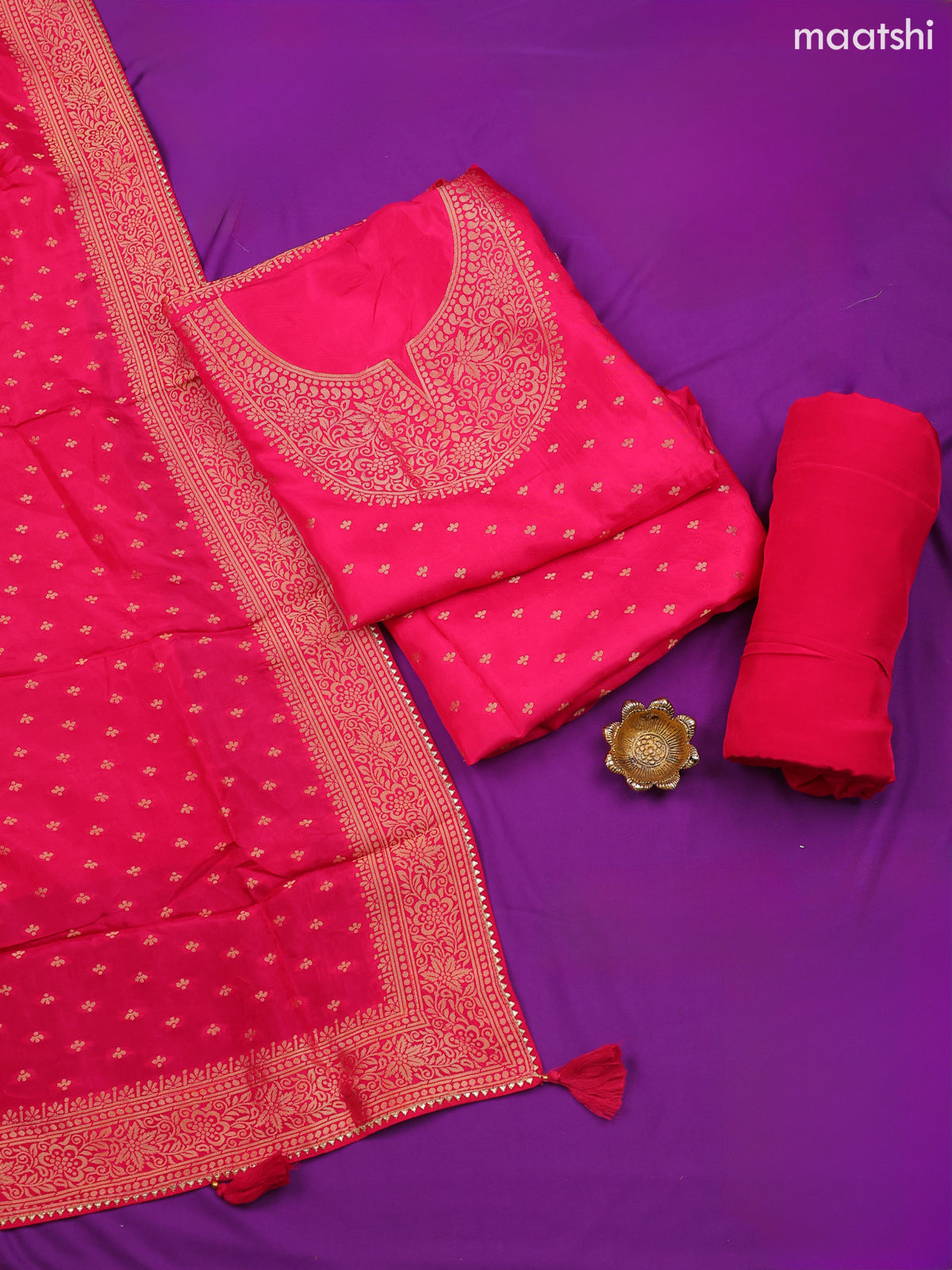 Pink Banarasi Silk Dress Material With Zari Butta & Embroidery Work Neck Pattern and Bottom & Dupatta
