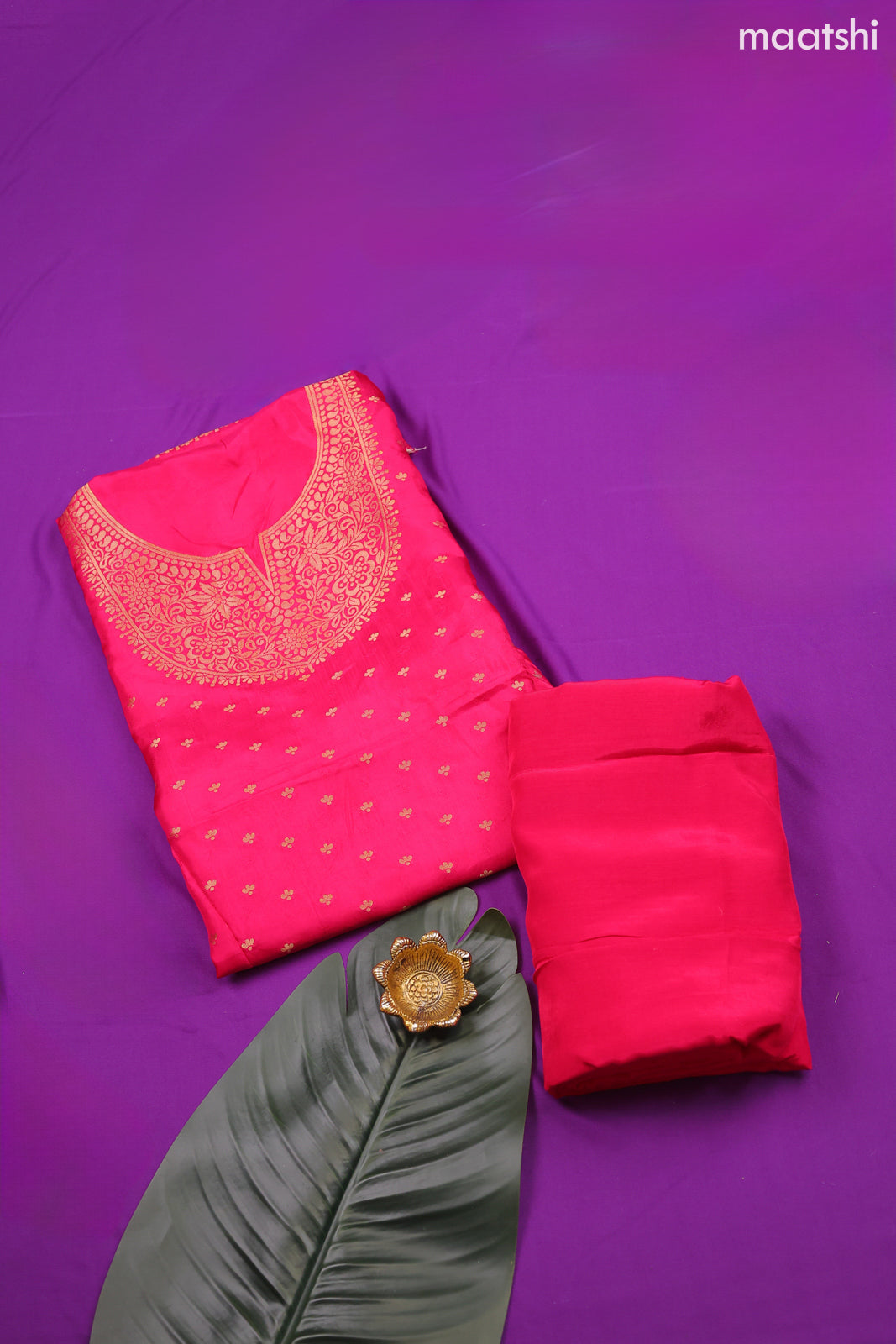 Pink Banarasi Silk Dress Material With Zari Butta & Embroidery Work Neck Pattern and Bottom & Dupatta