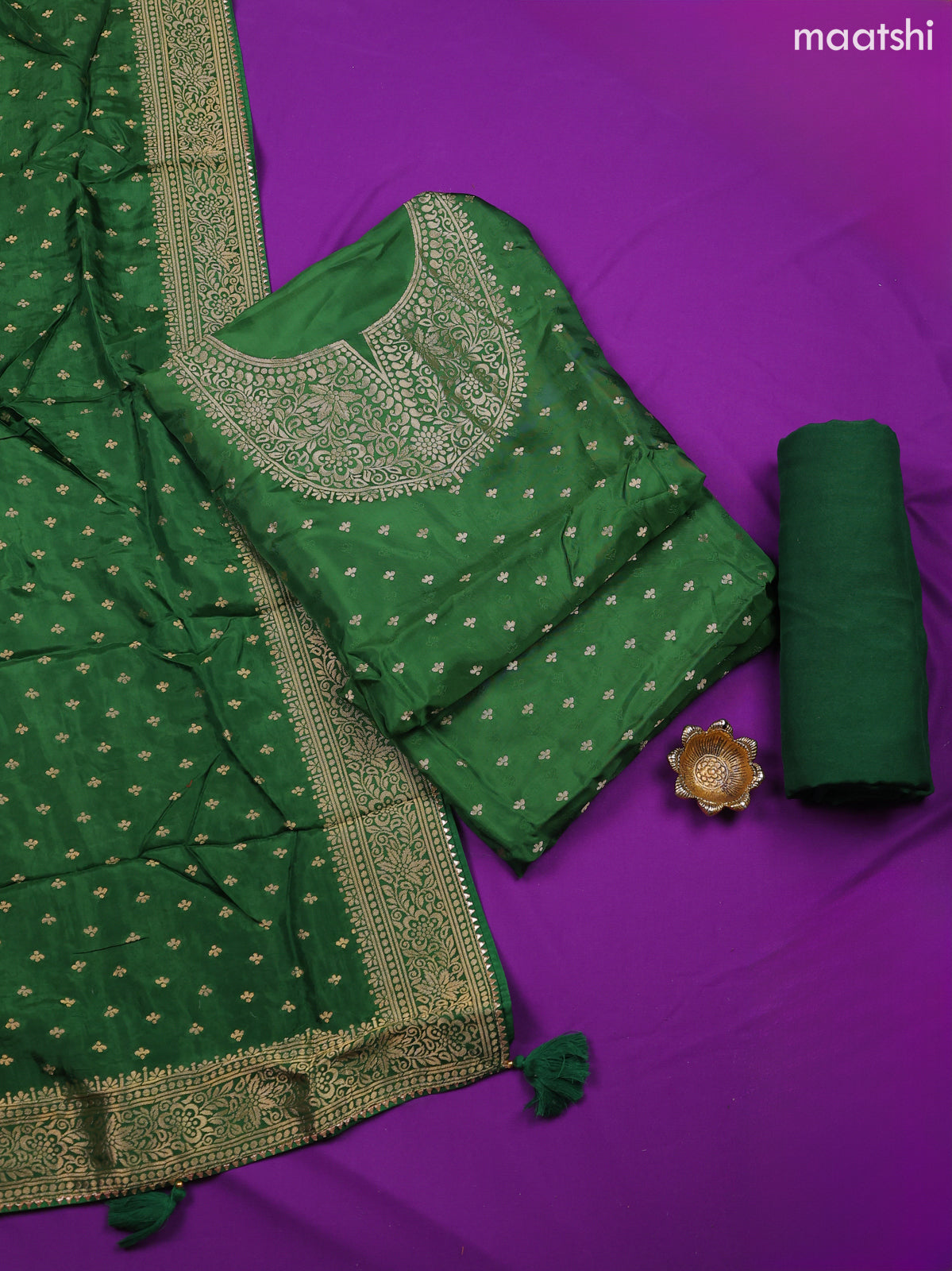 Green Banarasi Silk Dress Material With Zari Butta & Embroidery Work Neck Pattern and Bottom & Dupatta
