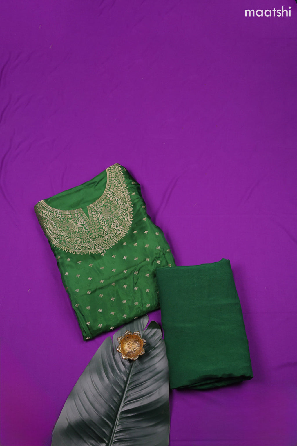 Green Banarasi Silk Dress Material With Zari Butta & Embroidery Work Neck Pattern and Bottom & Dupatta
