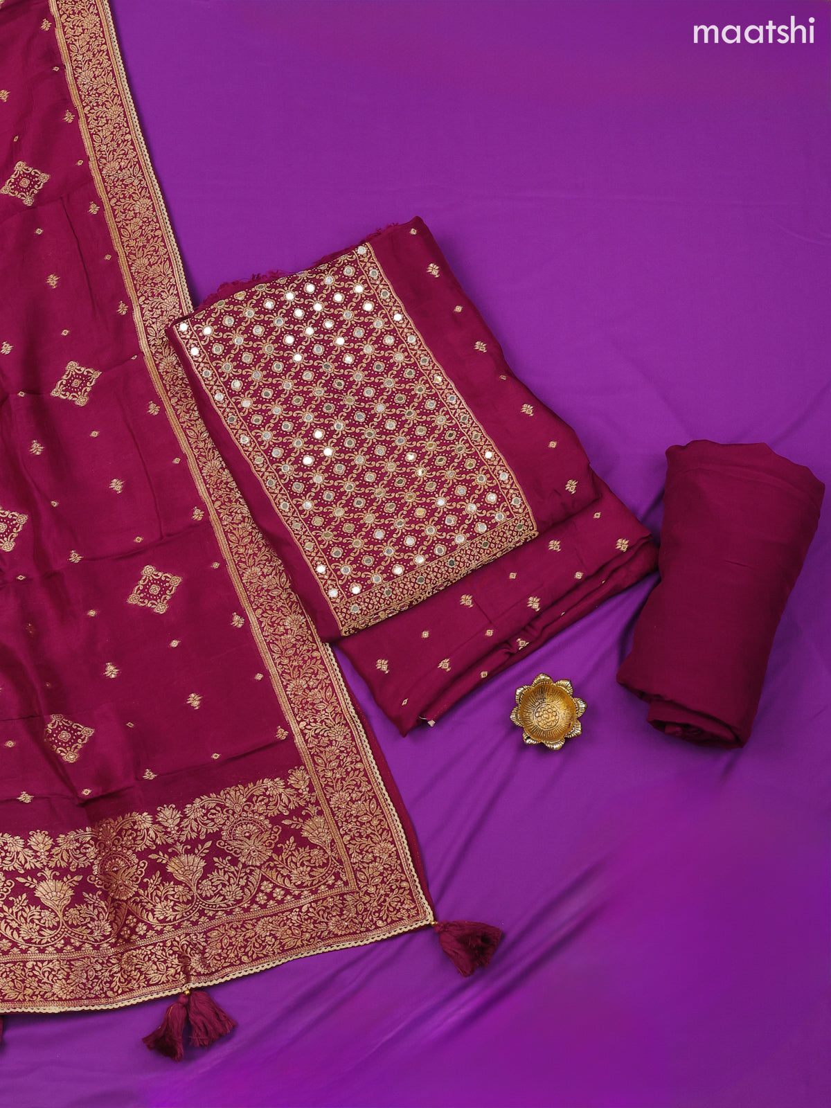 Wine Banarasi Silk Dress Material With Zari Butta & Embroidery Work Neck Pattern and Bottom & Dupatta