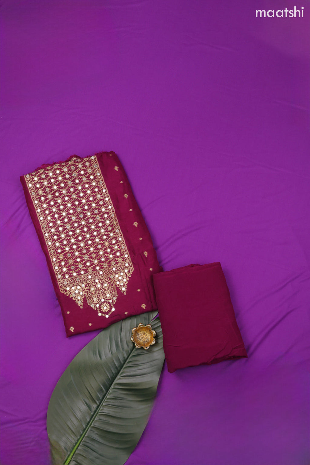 Wine Banarasi Silk Dress Material With Zari Butta & Embroidery Work Neck Pattern and Bottom & Dupatta