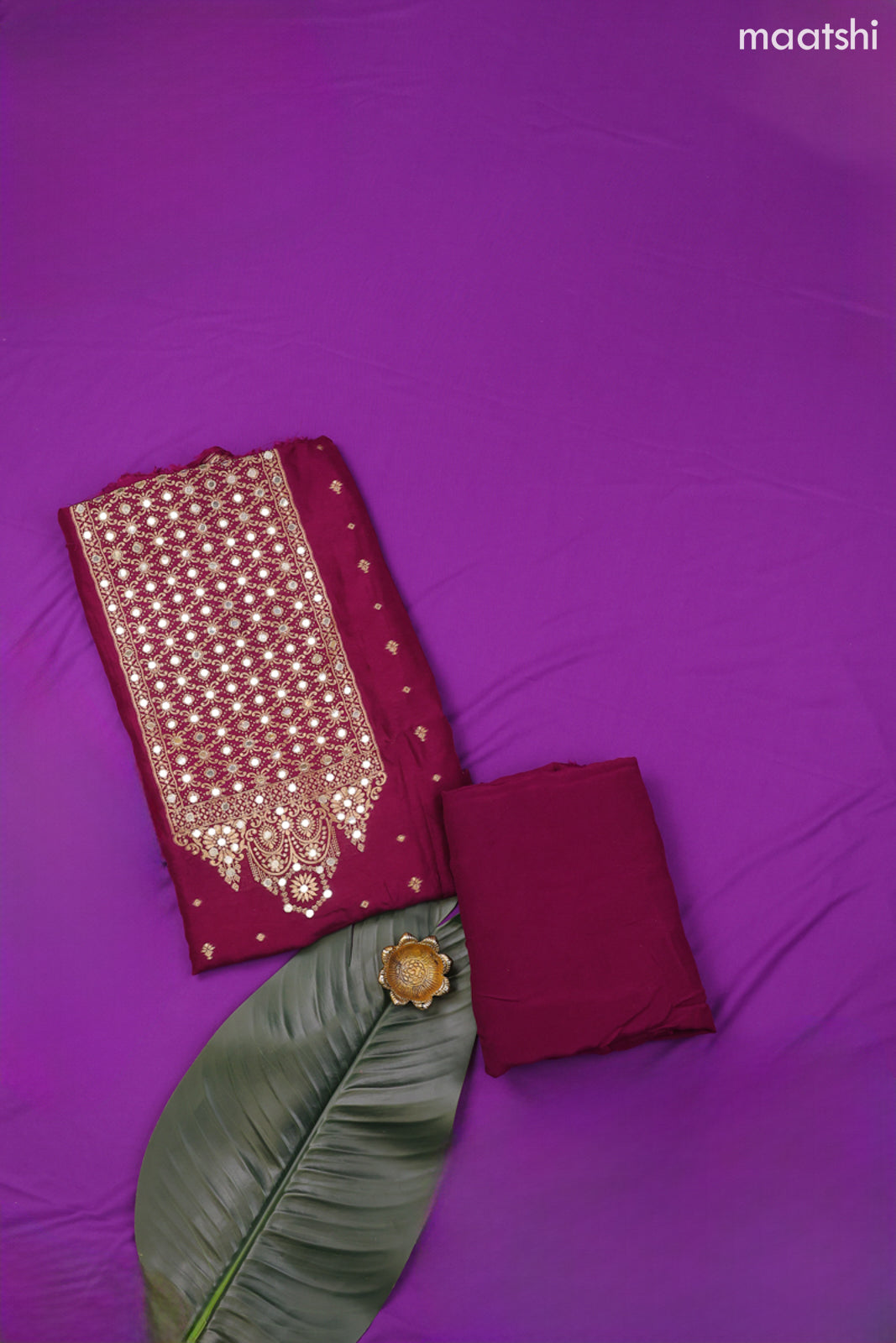 Wine Banarasi Silk Dress Material With Zari Butta & Embroidery Work Neck Pattern and Bottom & Dupatta