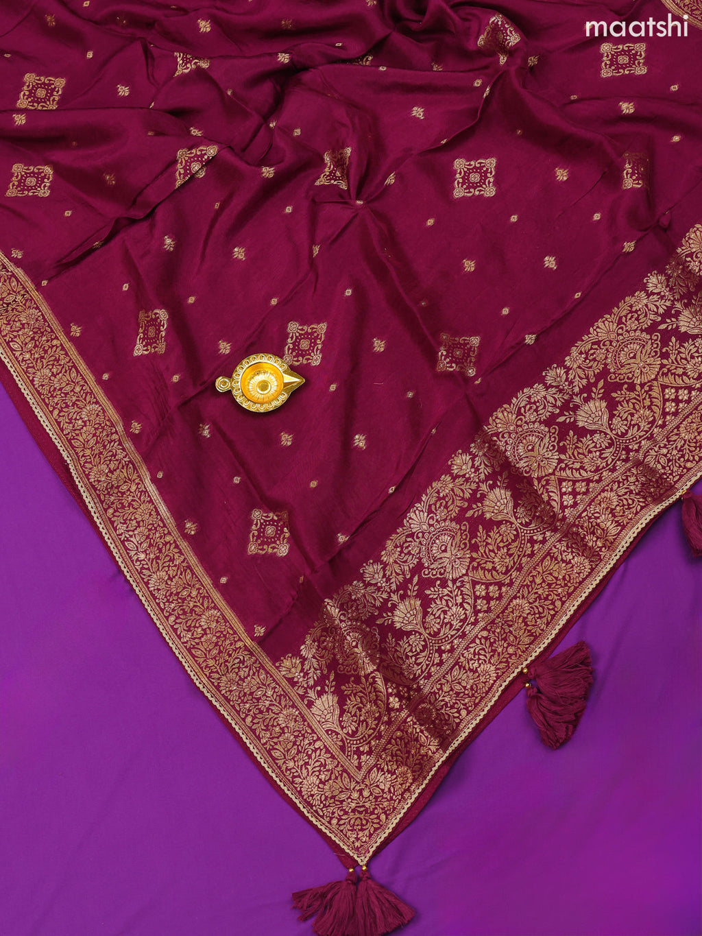 Wine Banarasi Silk Dress Material With Zari Butta & Embroidery Work Neck Pattern and Bottom & Dupatta