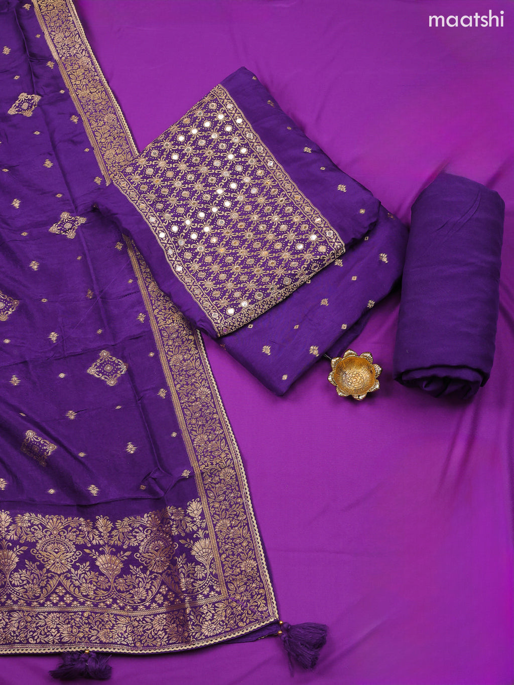 Violet Banarasi Silk Dress Material With Zari Butta & Embroidery Work Neck Pattern and Bottom & Dupatta
