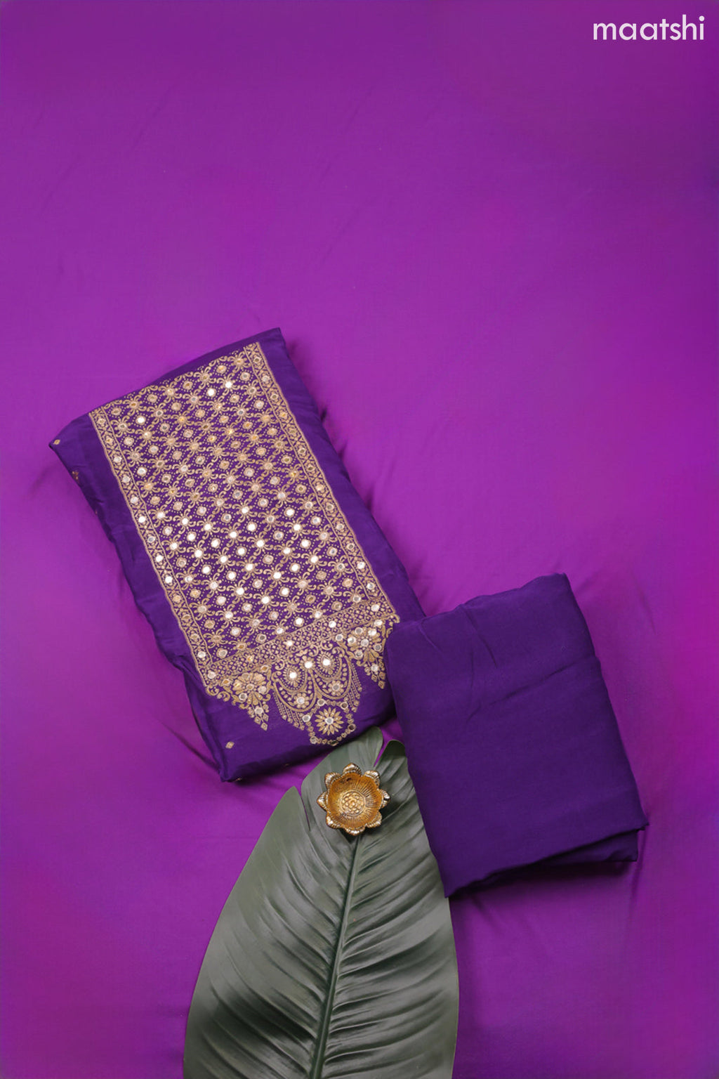 Violet Banarasi Silk Dress Material With Zari Butta & Embroidery Work Neck Pattern and Bottom & Dupatta