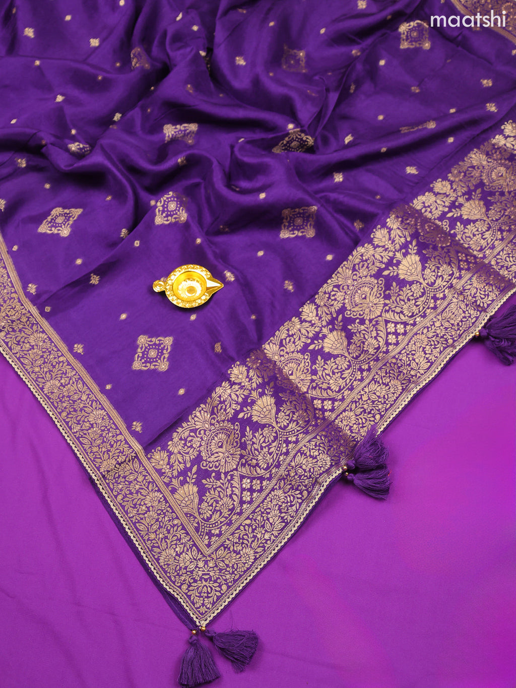Violet Banarasi Silk Dress Material With Zari Butta & Embroidery Work Neck Pattern and Bottom & Dupatta