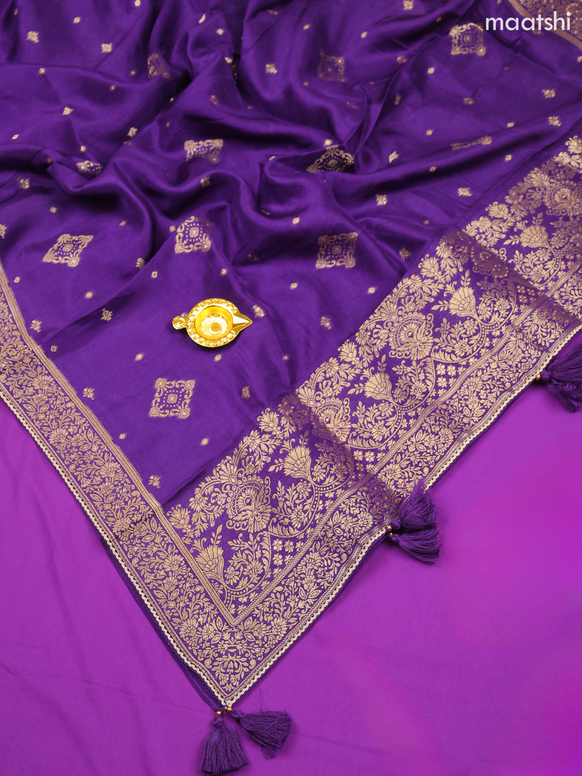 Violet Banarasi Silk Dress Material With Zari Butta & Embroidery Work Neck Pattern and Bottom & Dupatta