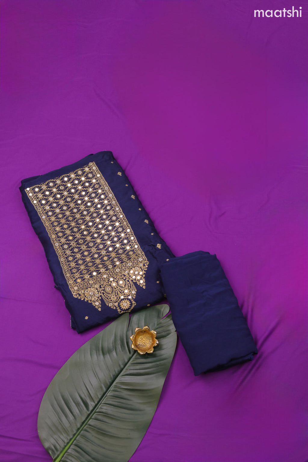 Navy Blue Banarasi Silk Dress Material With Zari Butta & Embroidery Work Neck Pattern and Bottom & Dupatta
