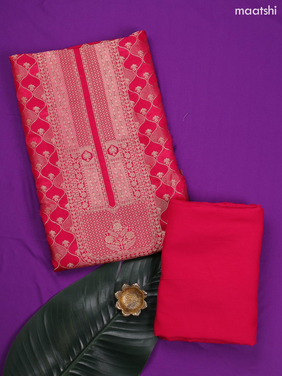 Pink Banarasi Silk Dress Material With Allover Zari Weaves and Bottom & Dupatta