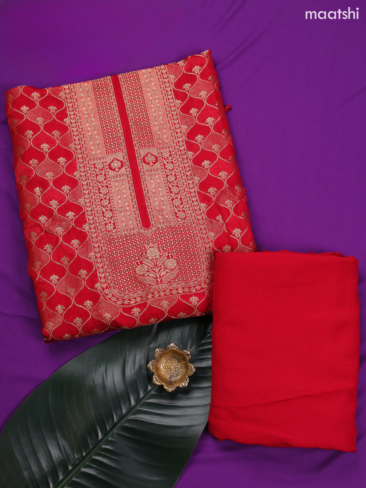 Red Banarasi Silk Dress Material With Allover Zari Weaves and Bottom & Dupatta