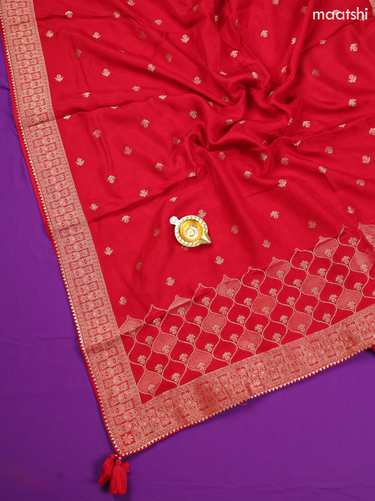 Red Banarasi Silk Dress Material With Allover Zari Weaves and Bottom & Dupatta