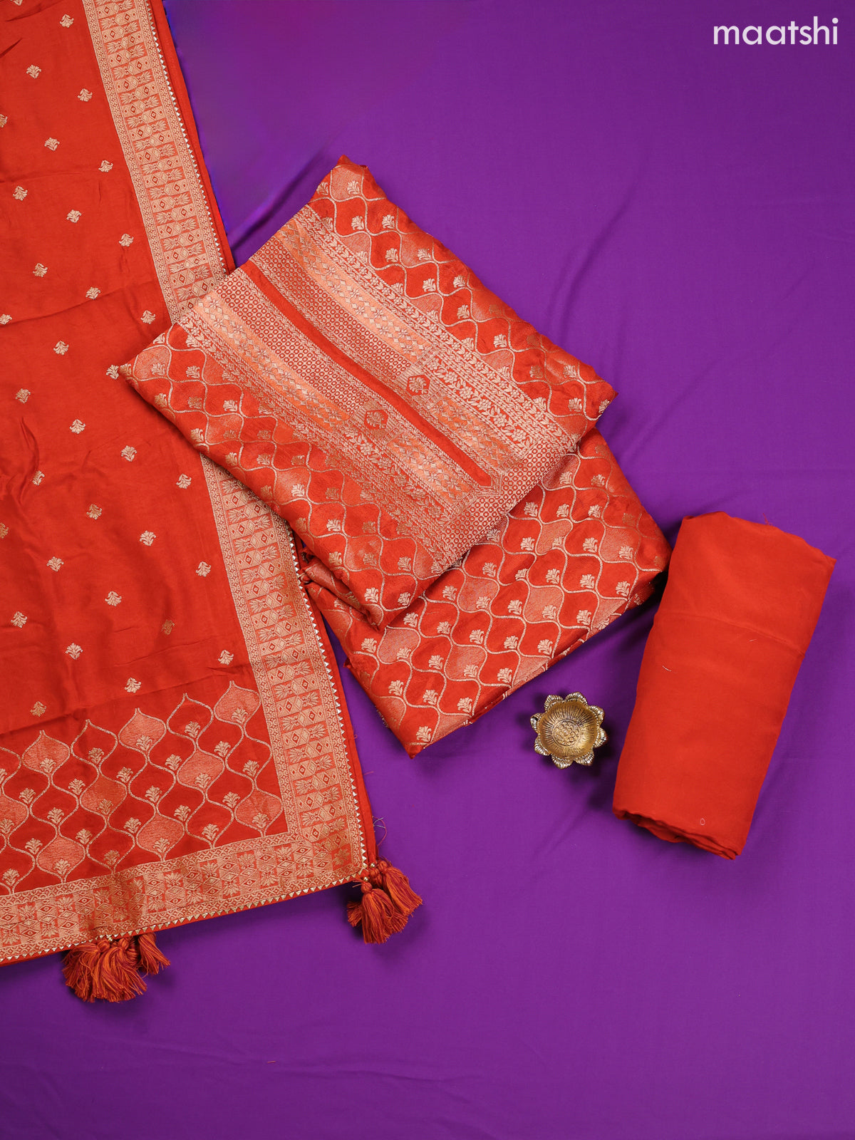 Rustic Orange Banarasi Silk Dress Material With Allover Zari Weaves and Bottom & Dupatta