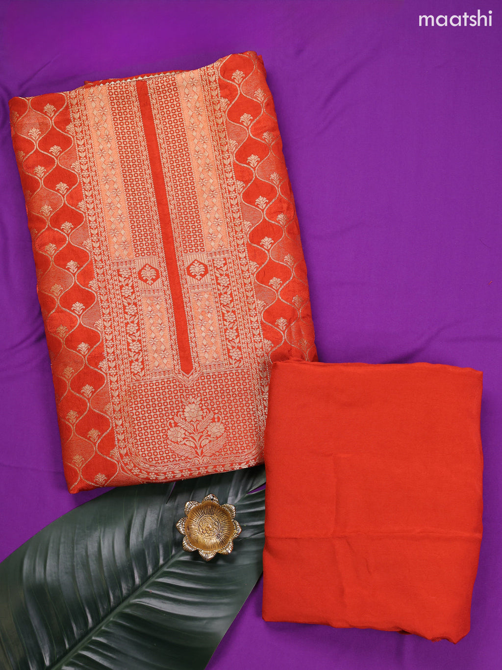 Rustic Orange Banarasi Silk Dress Material With Allover Zari Weaves and Bottom & Dupatta