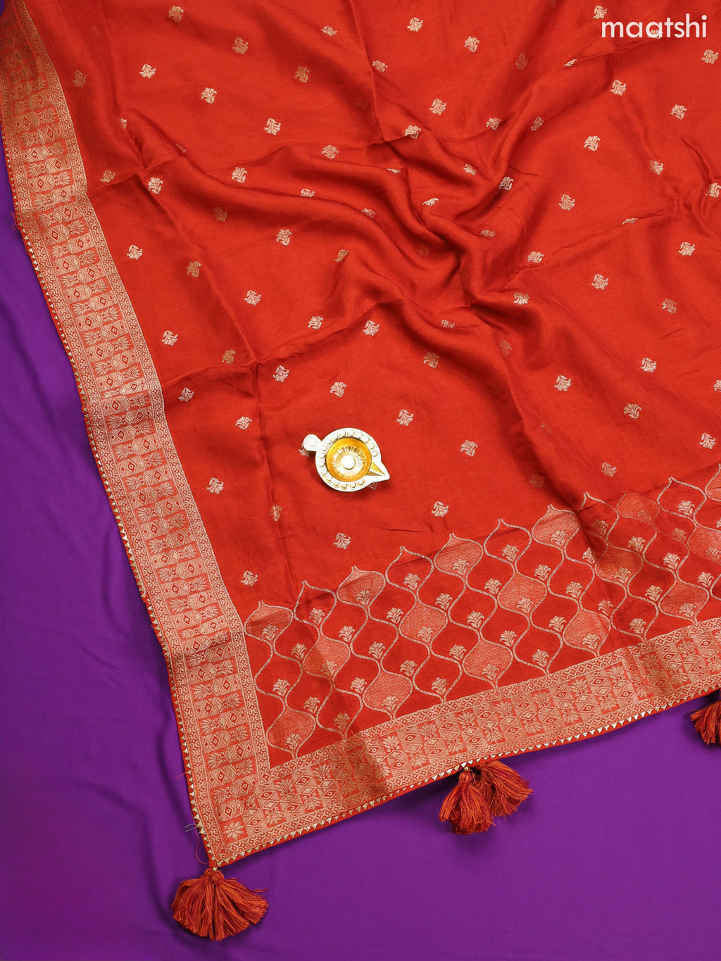Rustic Orange Banarasi Silk Dress Material With Allover Zari Weaves and Bottom & Dupatta