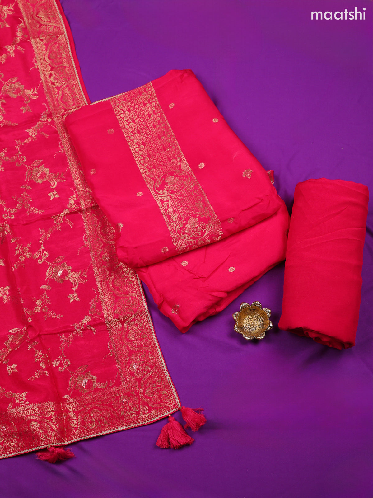 Pink Banarasi Silk Dress Material With Zari Neck Pattern and Bottom & Dupatta