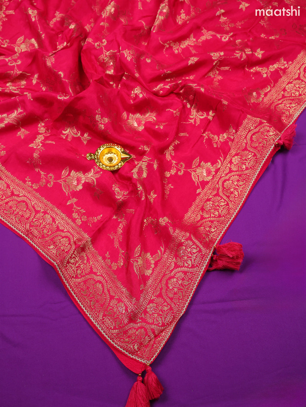 Pink Banarasi Silk Dress Material With Zari Neck Pattern and Bottom & Dupatta