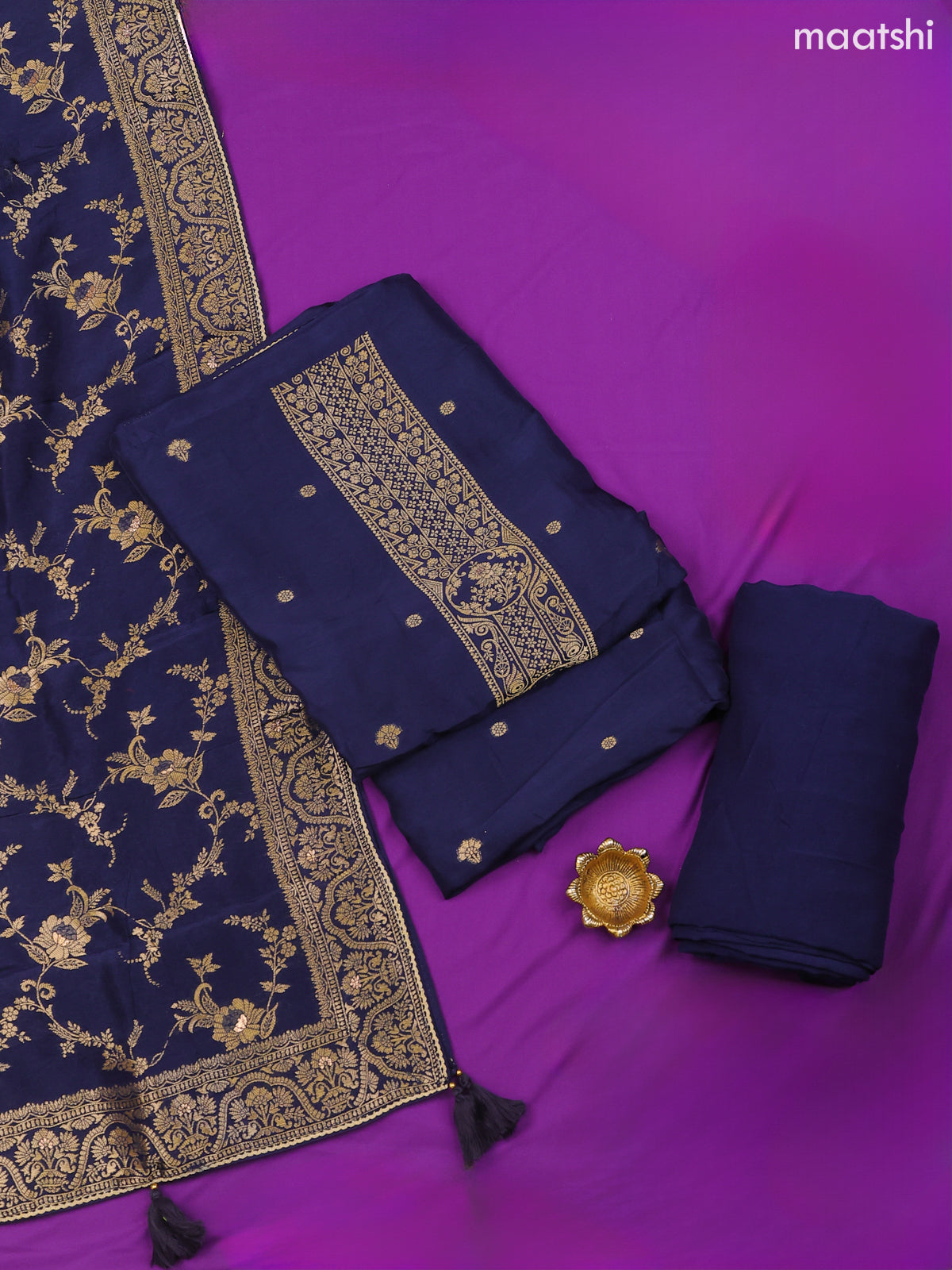 Navy Blue Banarasi Silk Dress Material With Zari Neck Pattern and Bottom & Dupatta