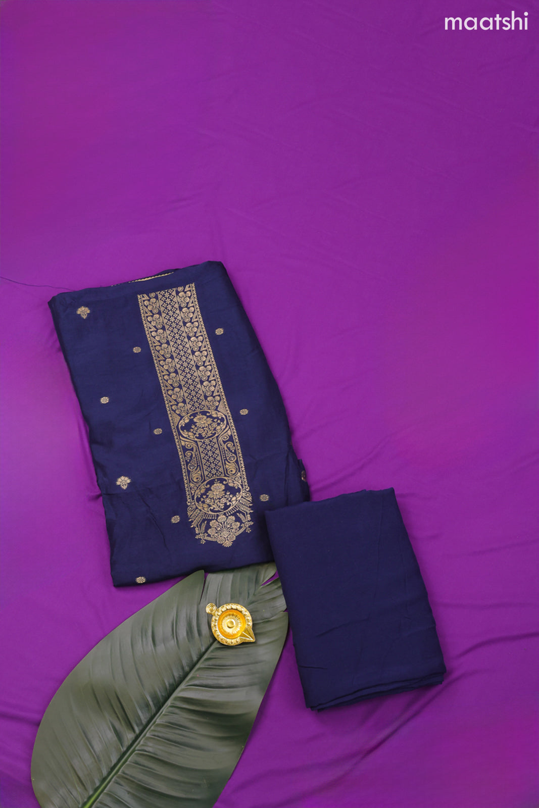 Navy Blue Banarasi Silk Dress Material With Zari Neck Pattern and Bottom & Dupatta