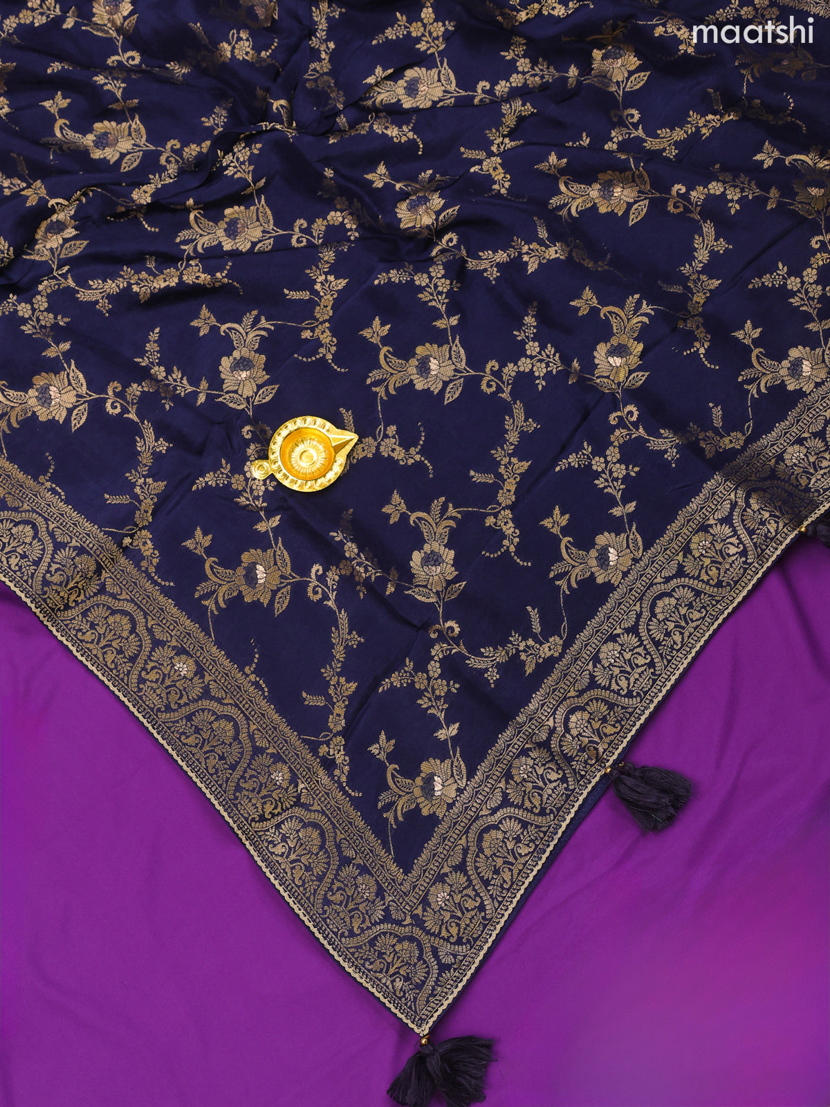 Navy Blue Banarasi Silk Dress Material With Zari Neck Pattern and Bottom & Dupatta