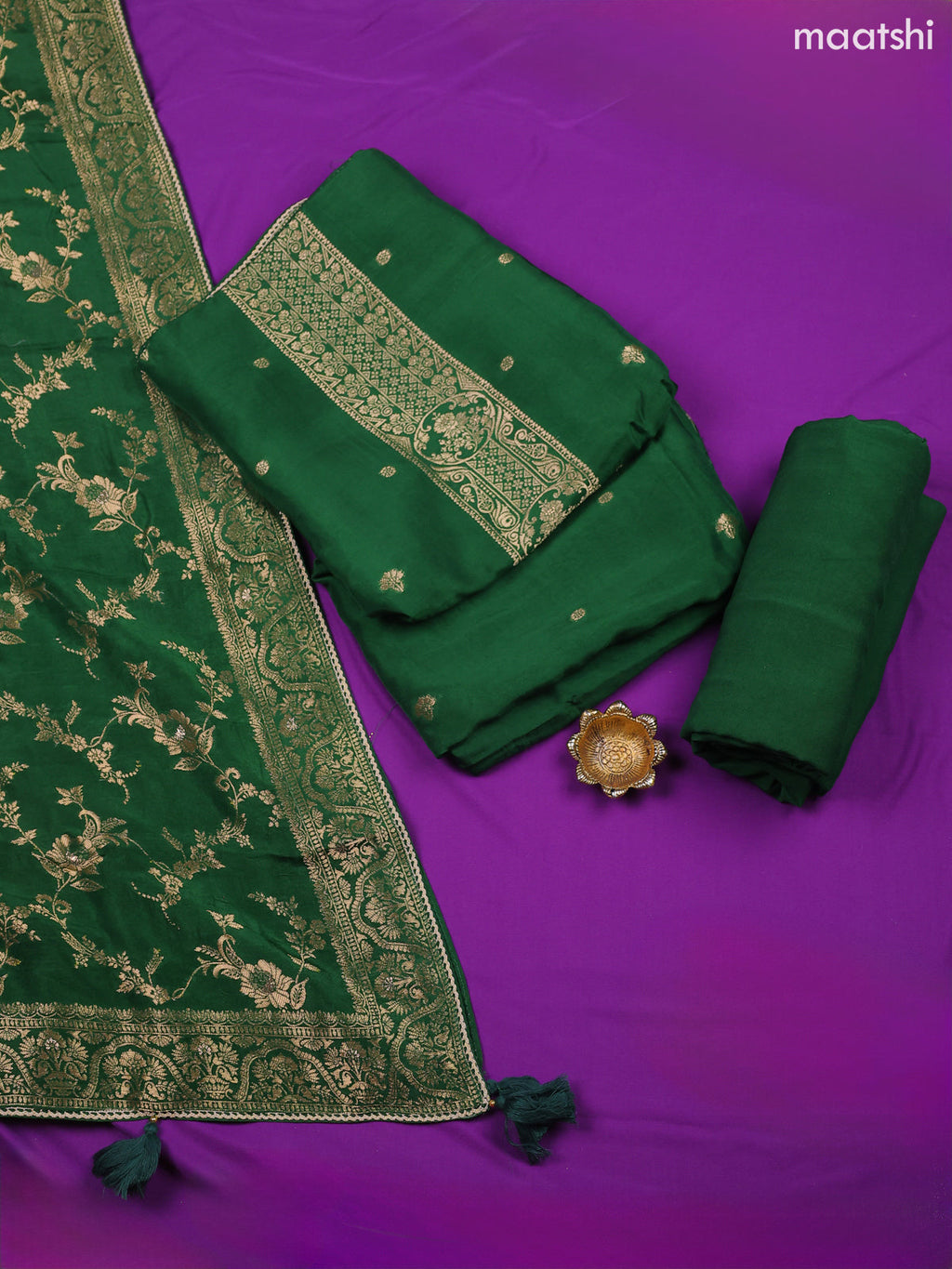Green Banarasi Silk Dress Material With Zari Neck Pattern and Bottom & Dupatta