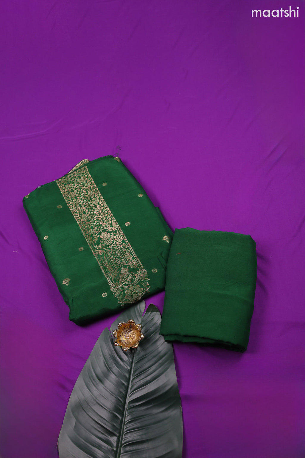 Green Banarasi Silk Dress Material With Zari Neck Pattern and Bottom & Dupatta