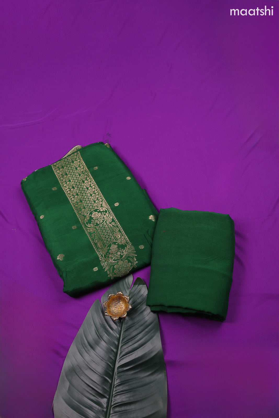 Green Banarasi Silk Dress Material With Zari Neck Pattern and Bottom & Dupatta