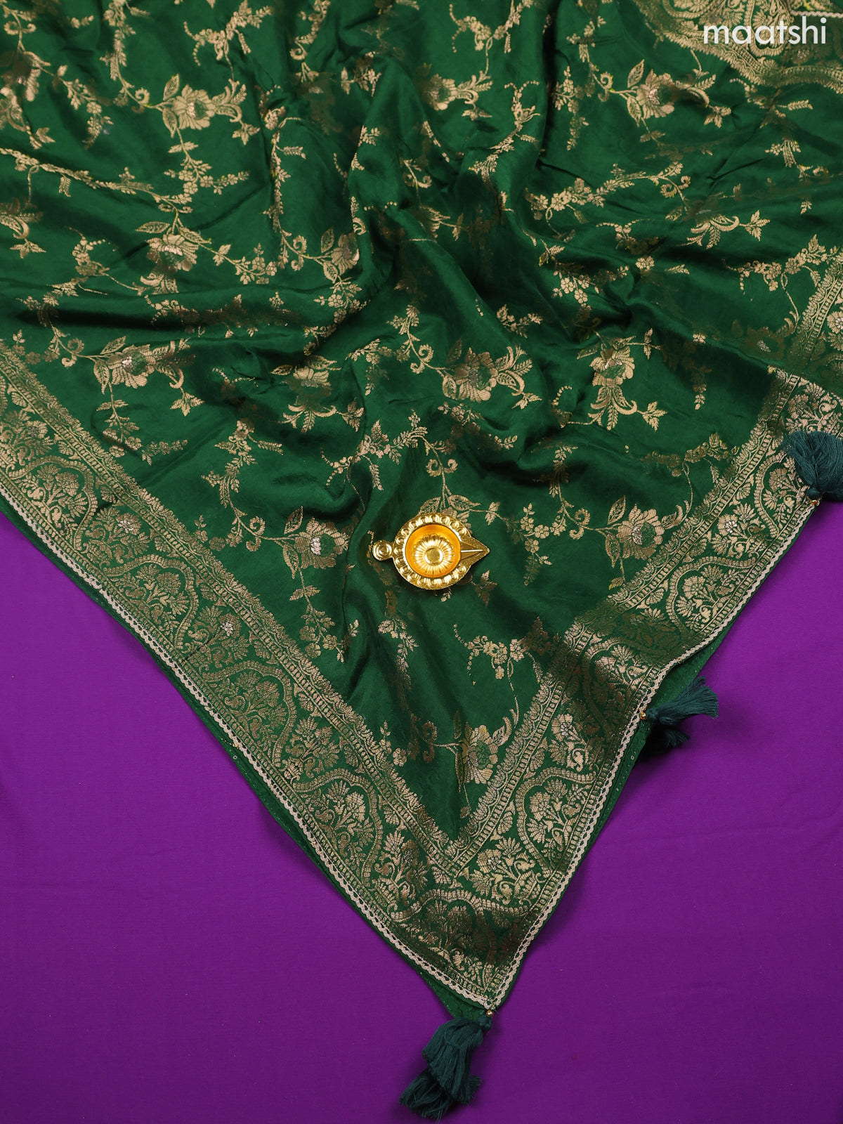 Green Banarasi Silk Dress Material With Zari Neck Pattern and Bottom & Dupatta